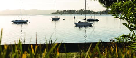 Un lago tranquilo con varios veleros anclados, rodeado de exuberante vegetación y colinas lejanas.