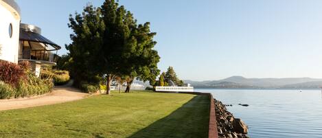 A waterfront property with a well-maintained lawn, a large tree, and a view of the water.