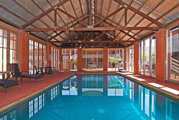 Indoor pool, open 9:00 AM to 8:00 PM, sun loungers