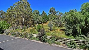 A parking lot with a wooden fence and trees in the background.