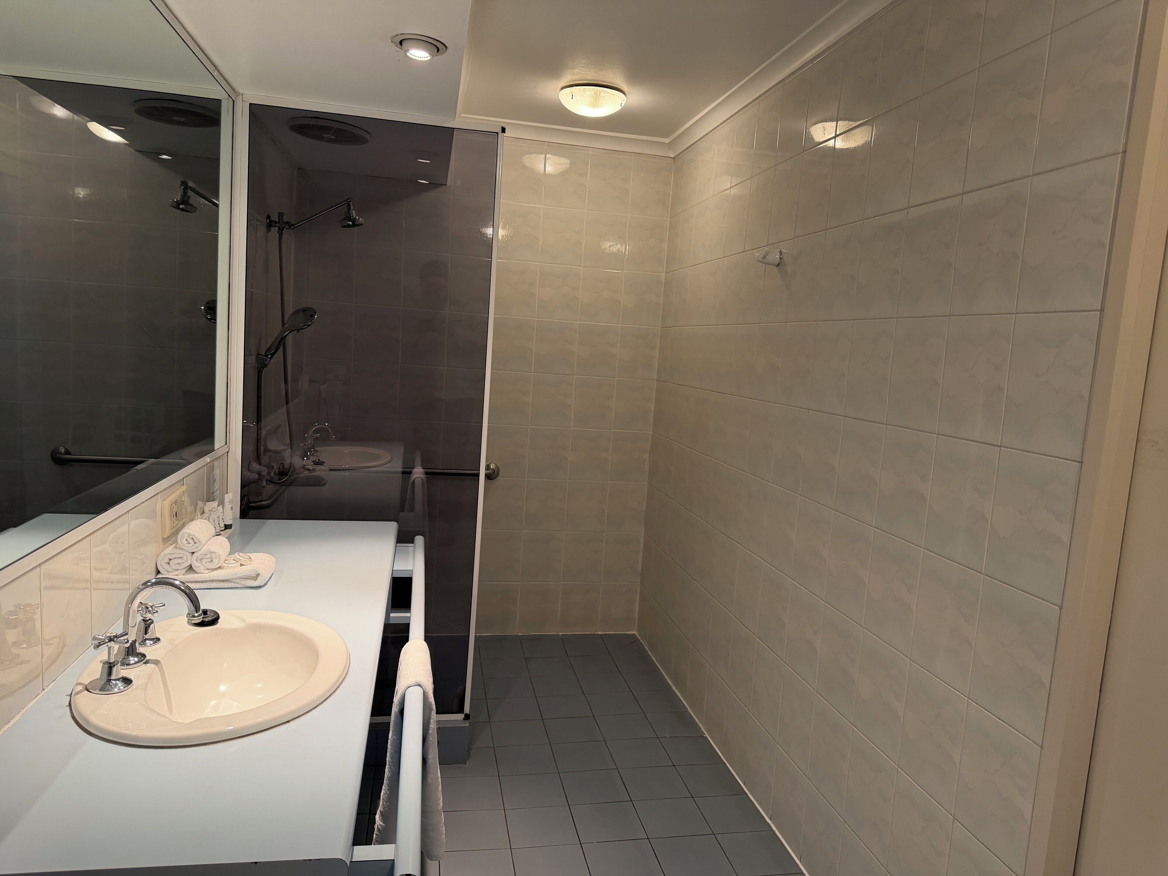 A modern bathroom with a glass shower enclosure, a sink with a mirror, and a towel rack.