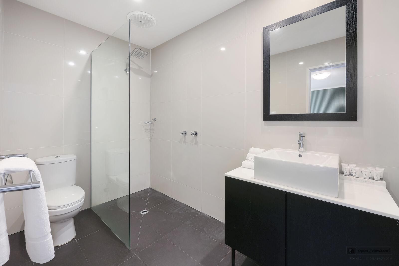 A modern bathroom with a glass-enclosed shower, a white toilet, and a black vanity with a white sink.