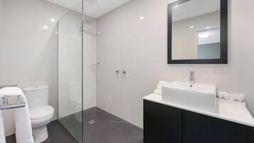 A modern bathroom with a glass-enclosed shower, a white toilet, and a black vanity with a white sink.