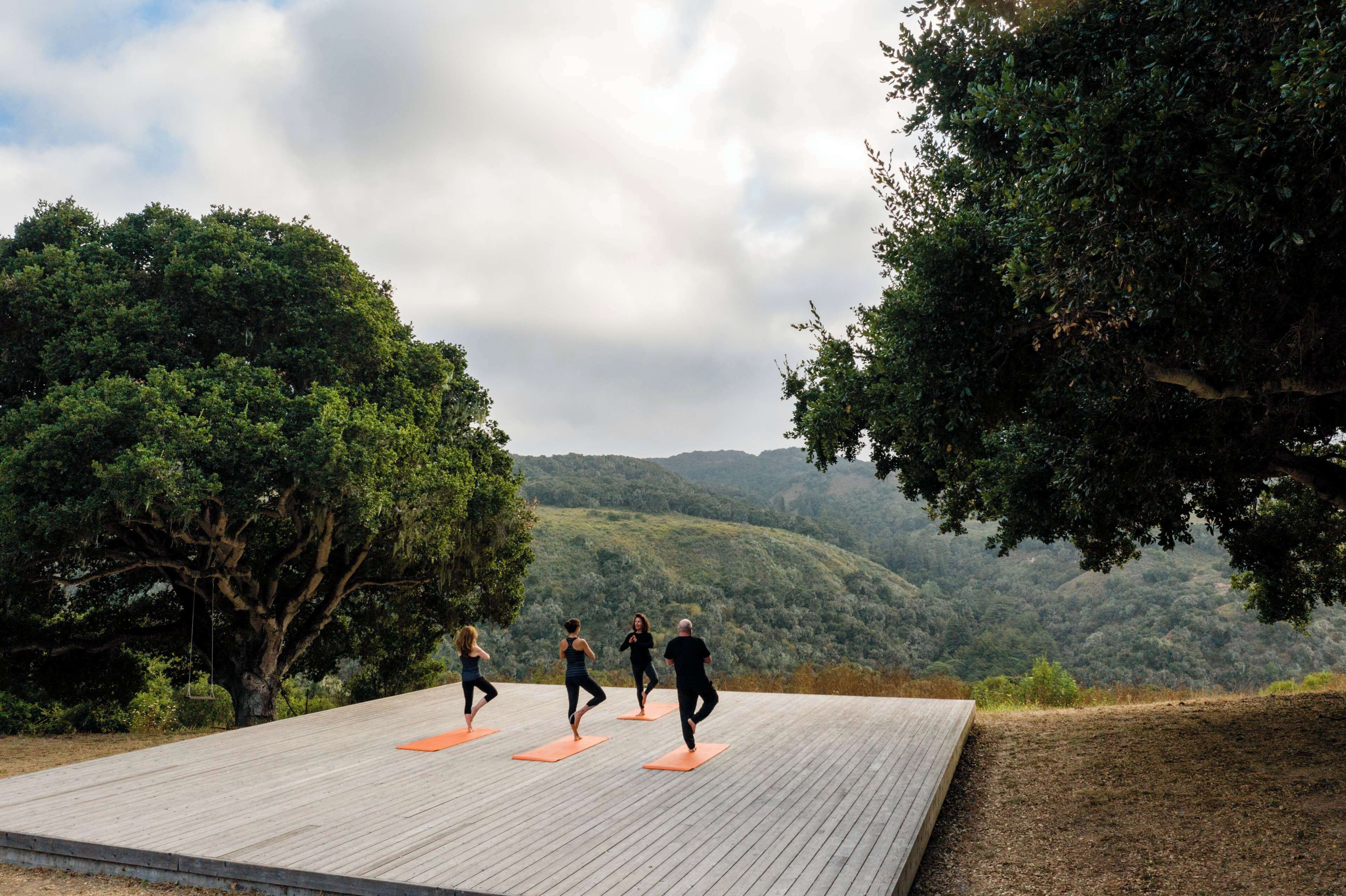 A group of people exercising on an outdoor wooden deck with orange mats, surrounded by trees and hills in the background.