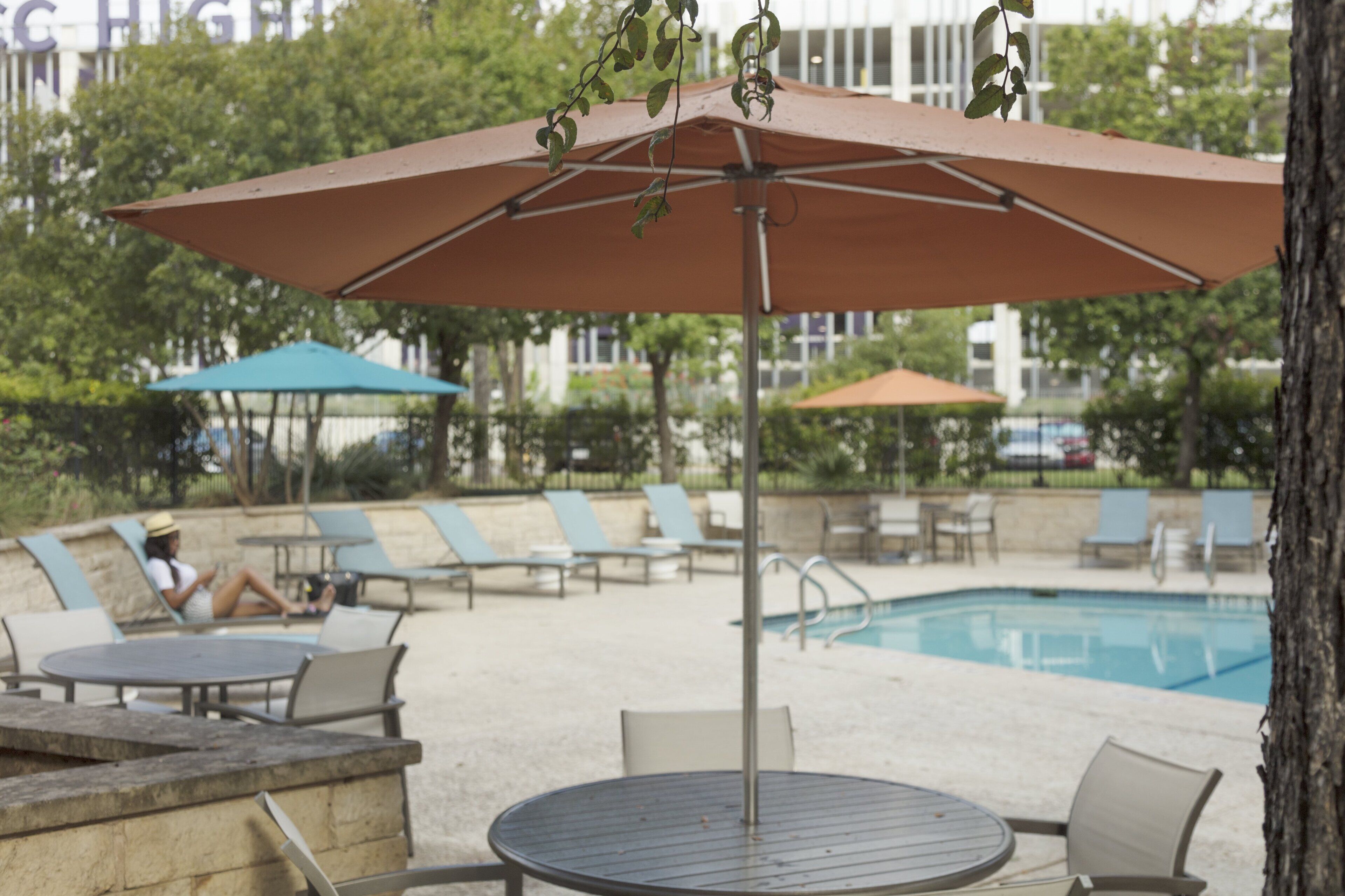 outdoor pool, pool umbrellas