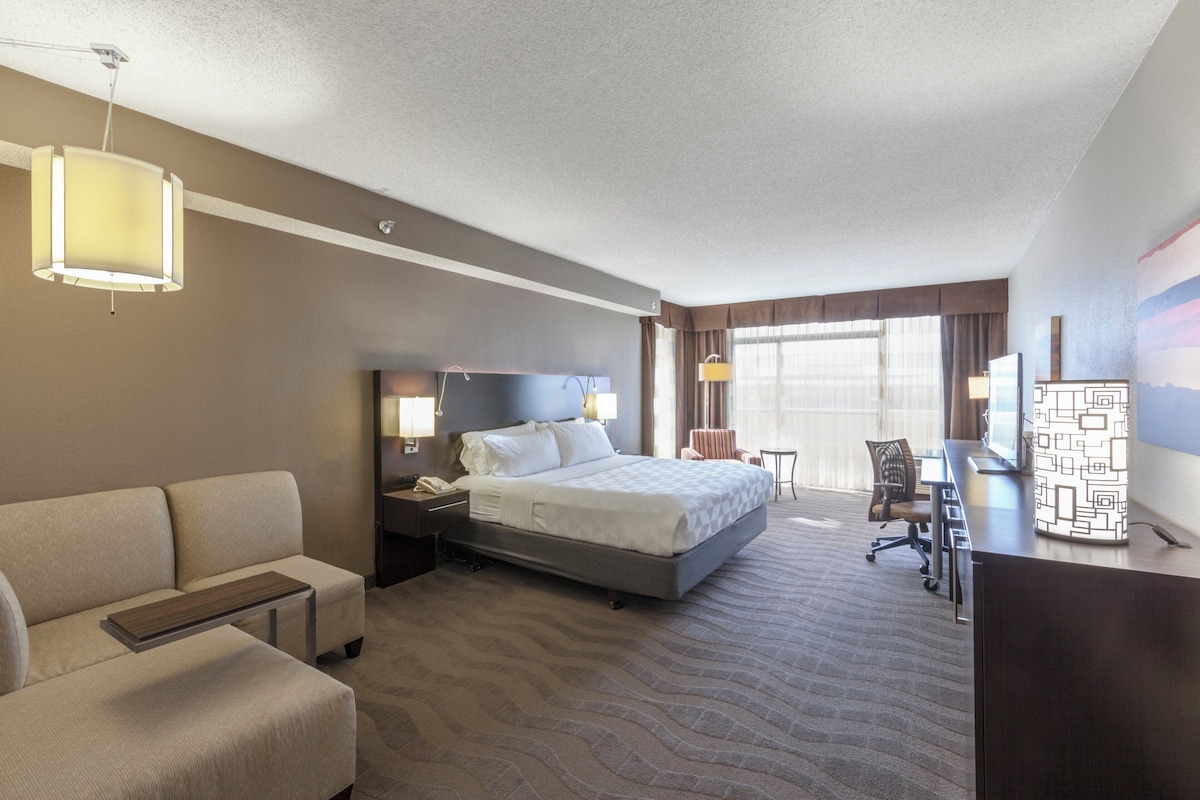 A hotel room with a bed, a desk, a chair, a sofa, and a lamp.