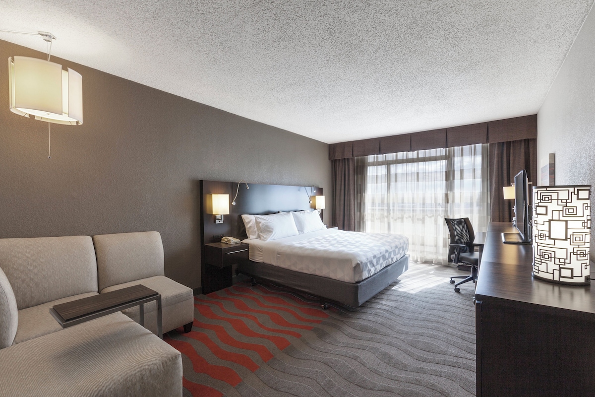 A hotel room with a bed, a sofa, a desk, and a chair.