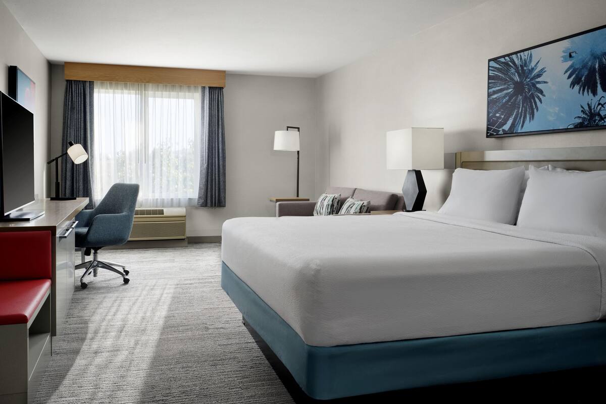 A hotel room with a large bed, a desk with a chair, a TV, a lamp, and a painting of palm trees.