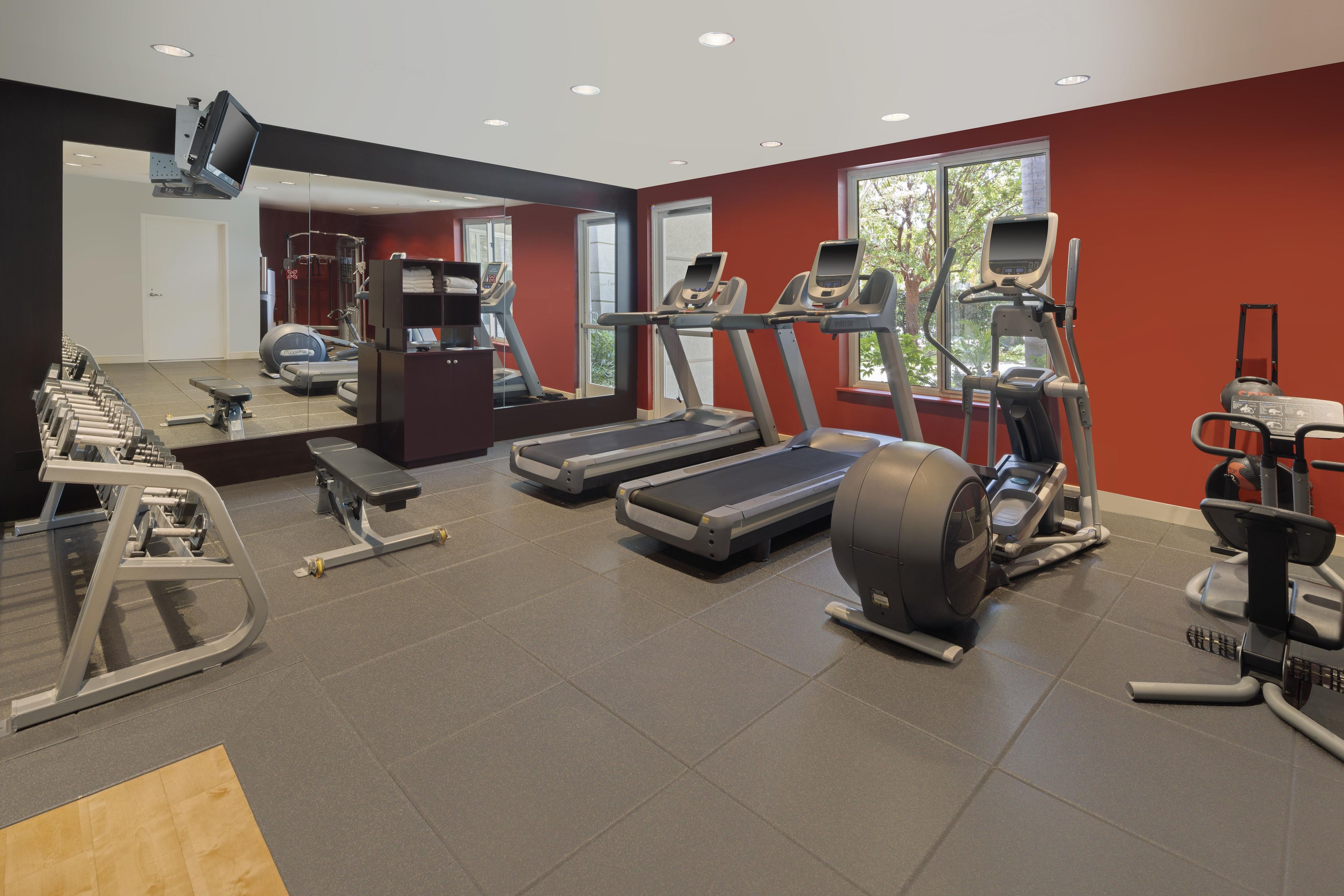A gym with treadmills, elliptical machines, and weight equipment.