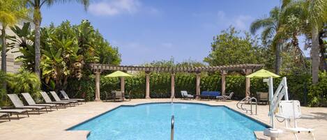 Una piscina con sillas de descanso y sombrillas, rodeada de palmeras y una pérgola.