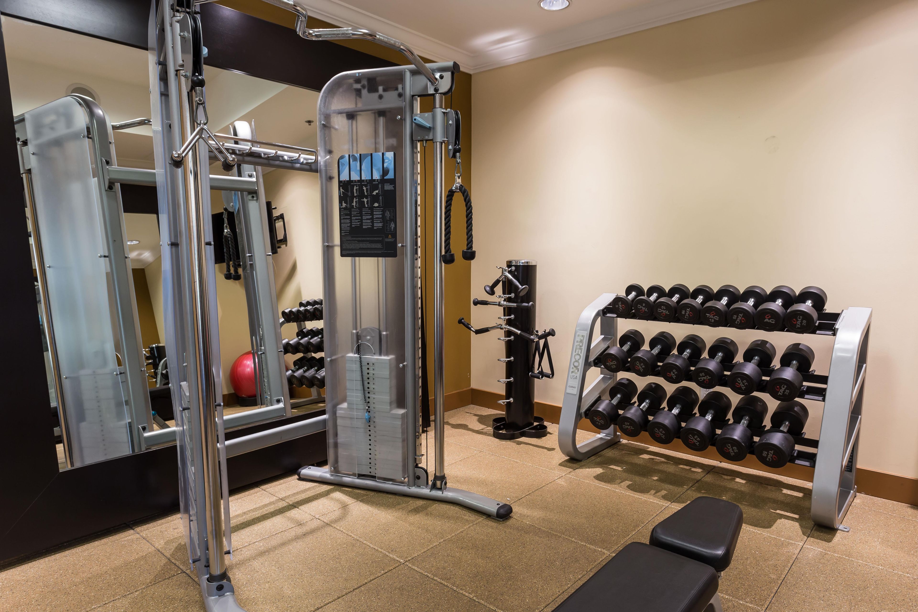 Une salle de sport équipée de matériel de musculation, d’un banc et d’un porte-haltères.