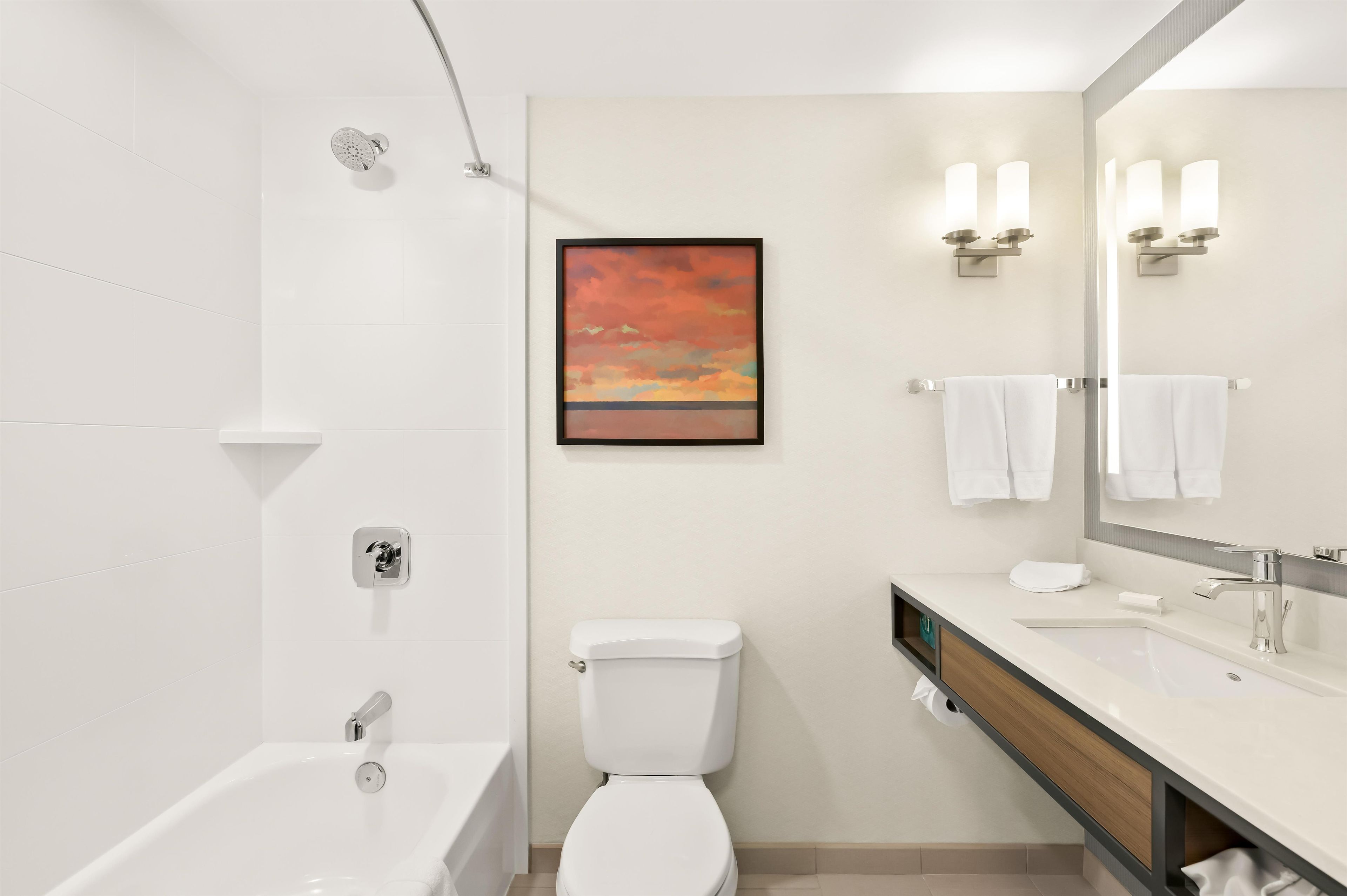 Un baño moderno con bañera, inodoro y un espejo grande.