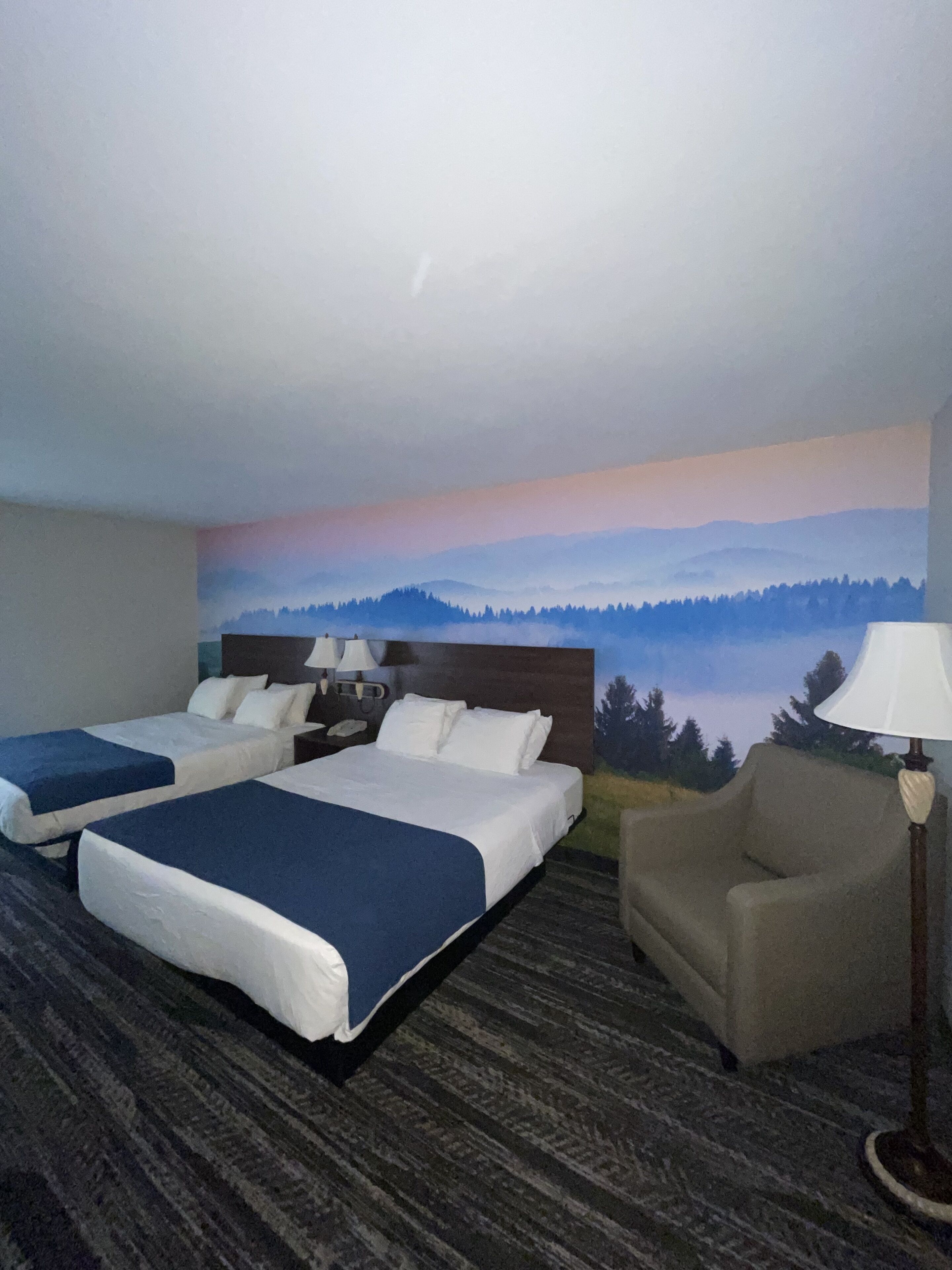 A hotel room with two beds, a chair, a nightstand, and a lamp.