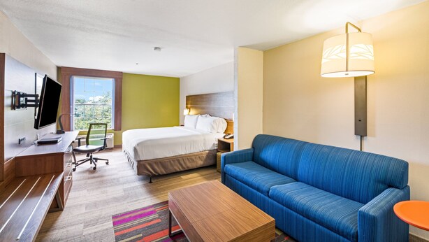 A hotel room with a bed, a blue sofa, a desk with a computer, a TV, and a window with a view. - Holiday Inn Express Hotel & Suites Columbus by IHG (Columbus)