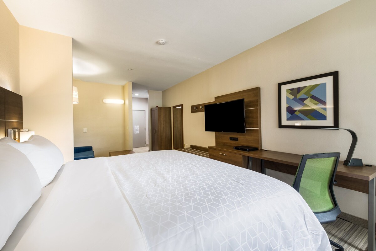 Una camera d'albergo con un letto grande, una scrivania con un computer, un televisore e un quadro appeso al muro.