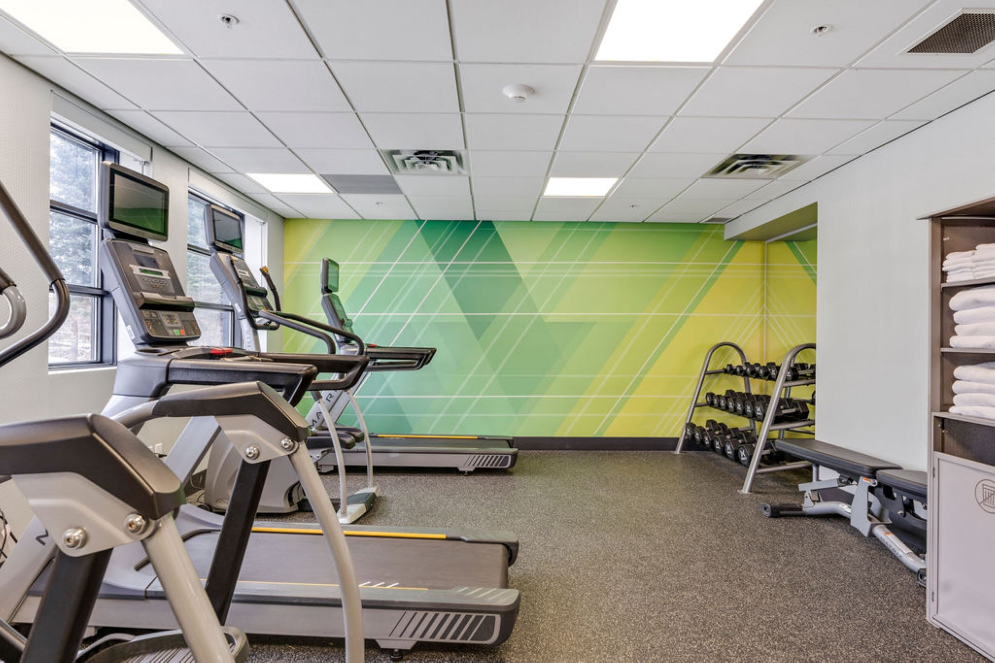 Een fitnessruimte met loopbanden, gewichten en een muur met een geometrisch patroon.