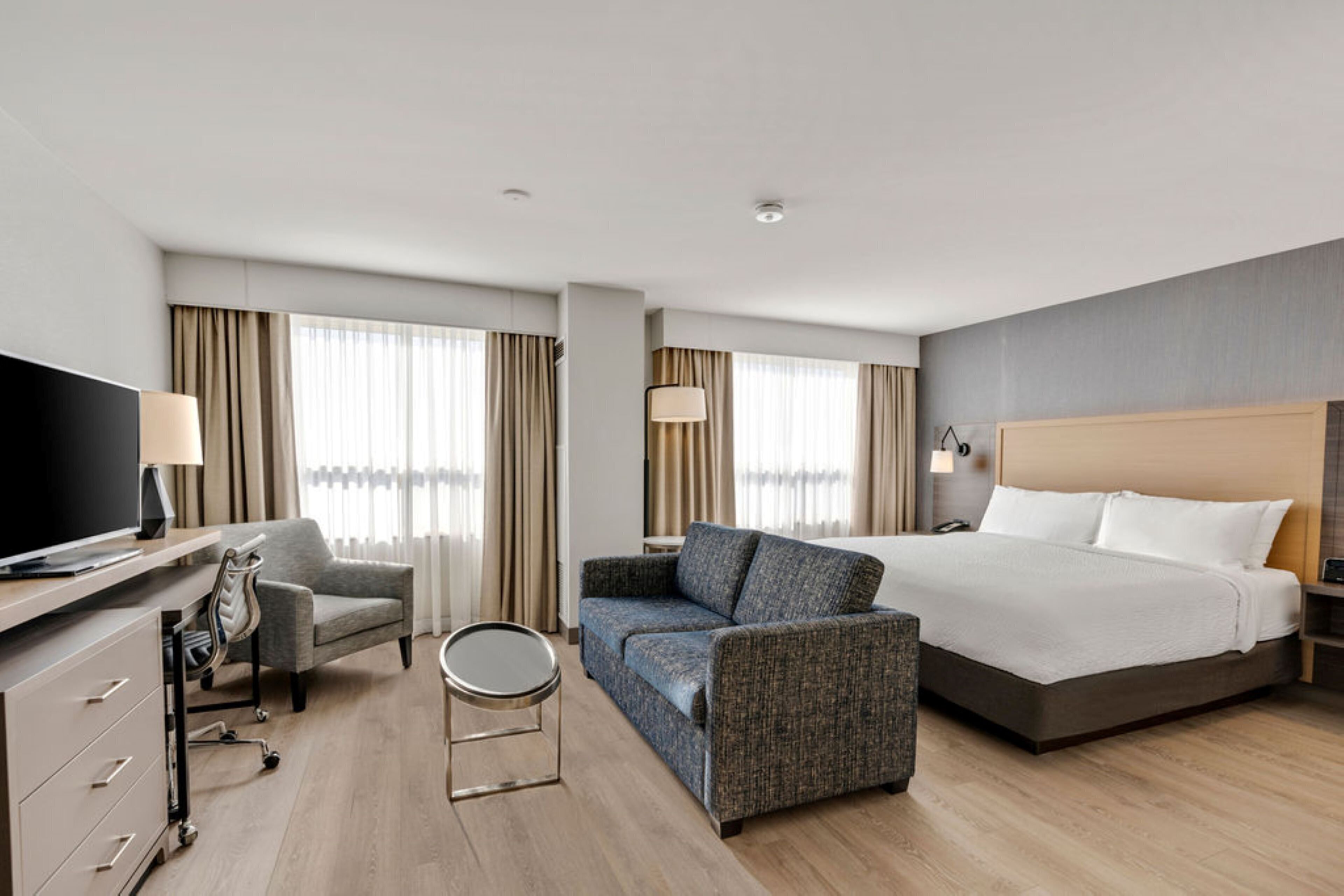 A hotel room with a bed, a sofa, a desk with a TV, and a chair.