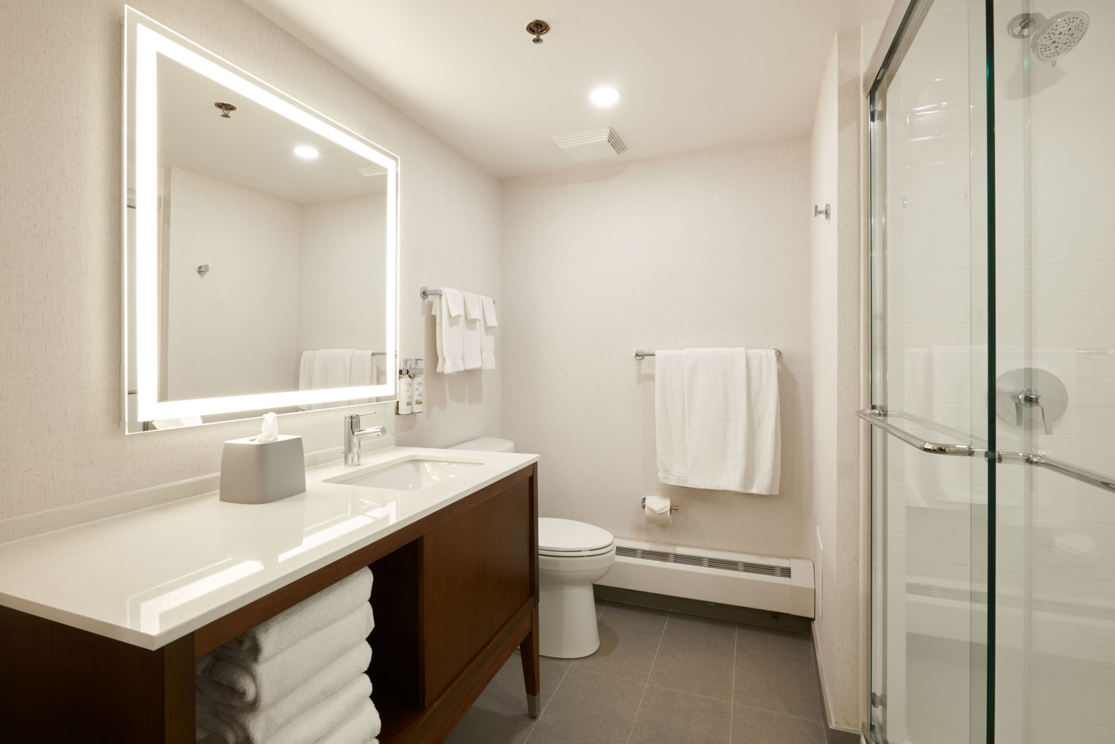 A modern bathroom with a large mirror, two sinks, a toilet, a shower, and a towel rack.
