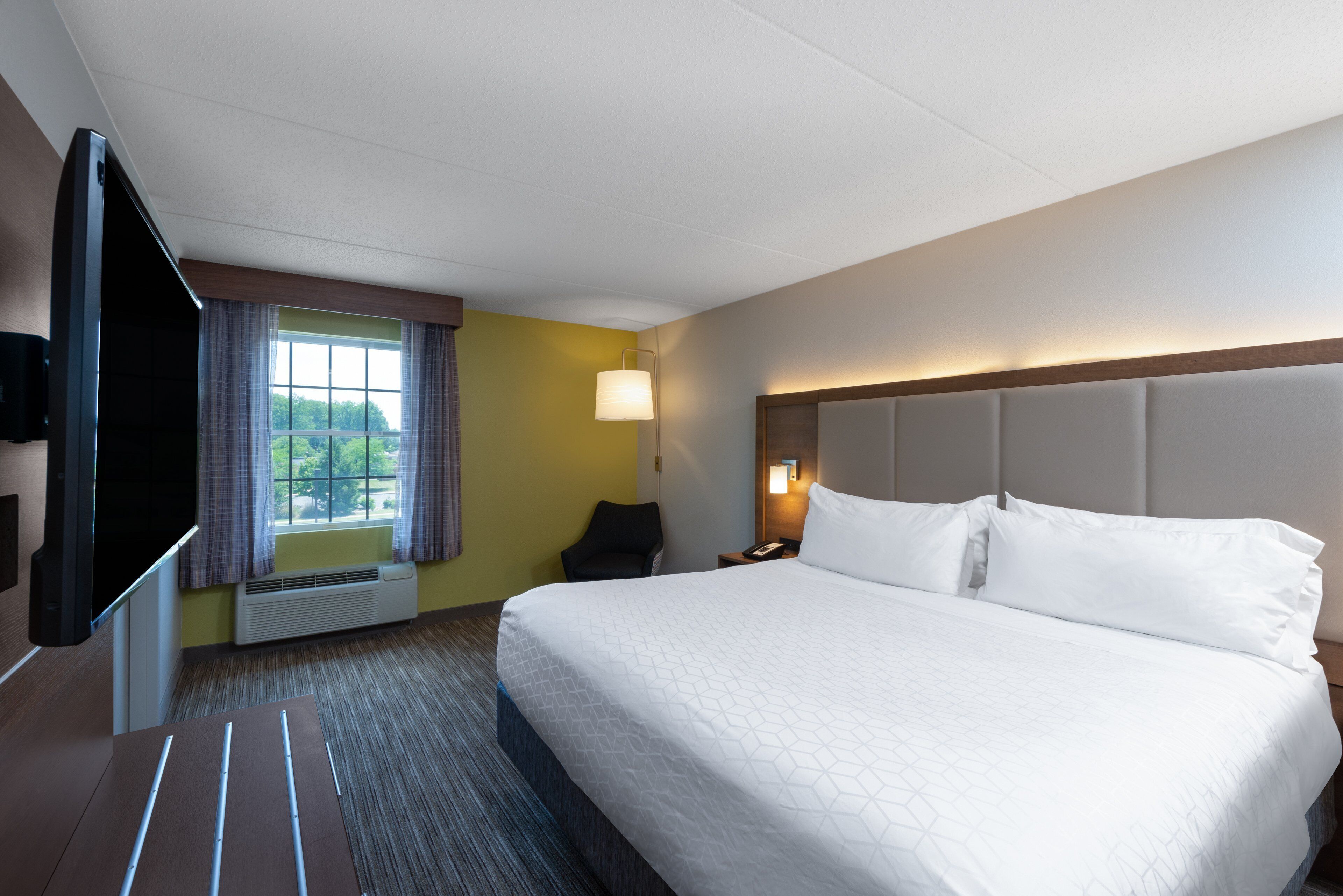 Habitación de hotel con una cama grande, televisión de pantalla plana, una silla, un escritorio y una ventana con cortinas.