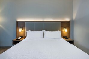 A hotel room with a large bed, two bedside tables, and wall-mounted lamps. - Holiday Inn Express State College at Williamsburg Square by IHG (State College)