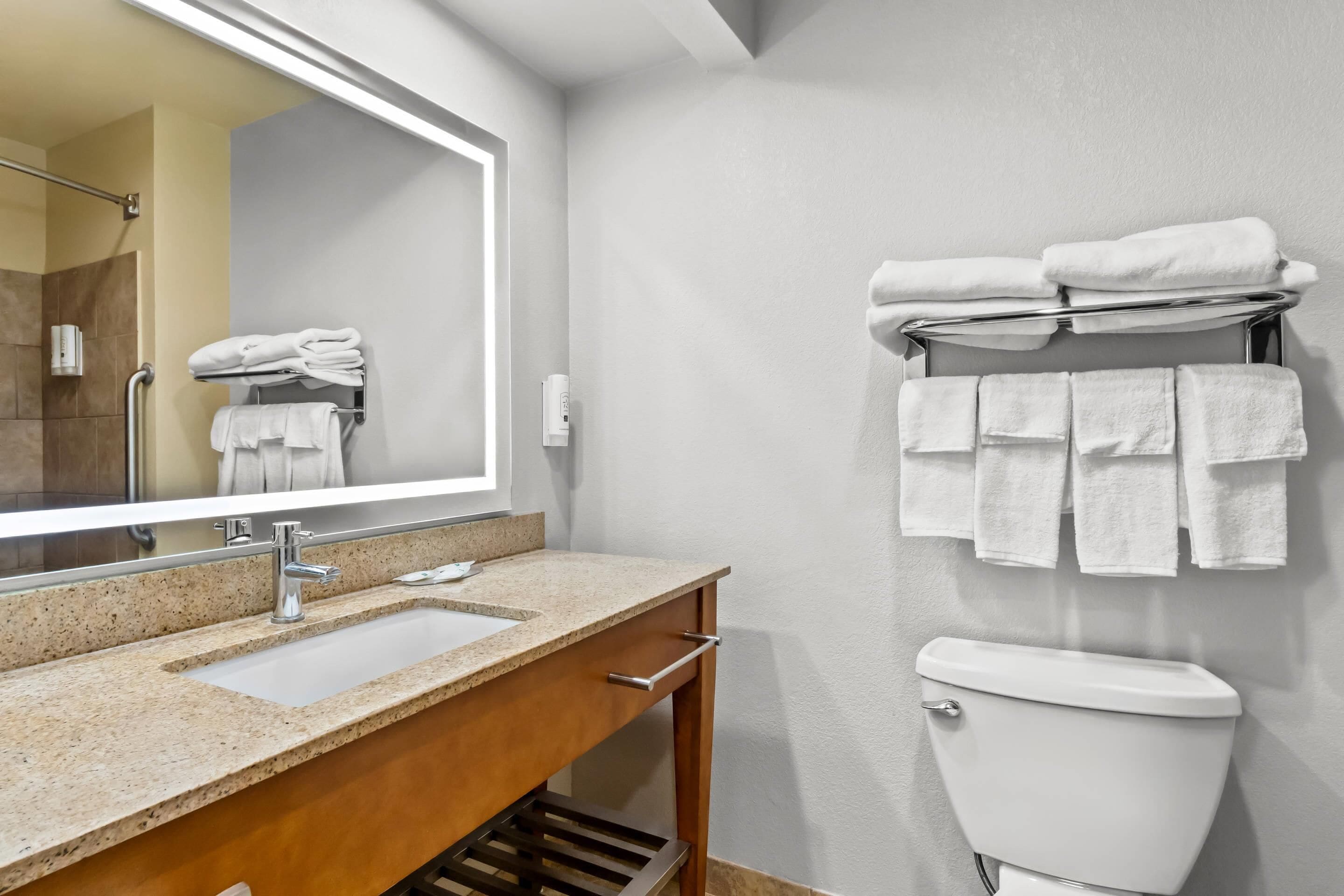 Une salle de bain avec un lavabo, un miroir et des toilettes. Des serviettes sont pliées et empilées sur un porte-serviettes, et on aperçoit une douche dans le reflet du miroir.