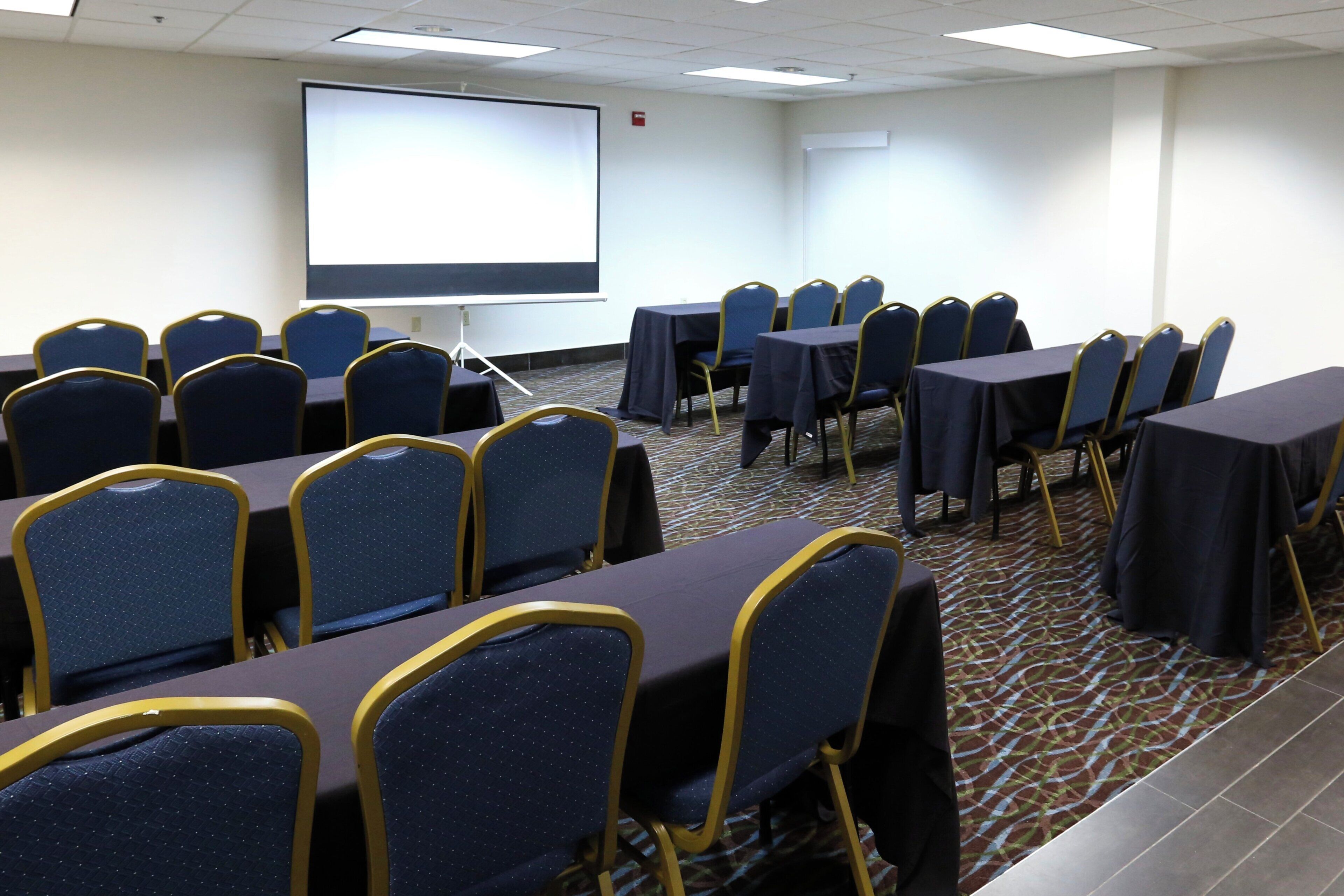 A conference room with rows of tables and chairs, a projector screen, and a carpeted floor.