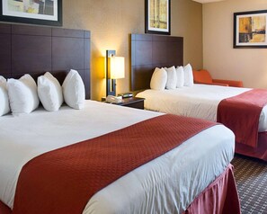 Premium bedding, desk, laptop workspace, iron/ironing board