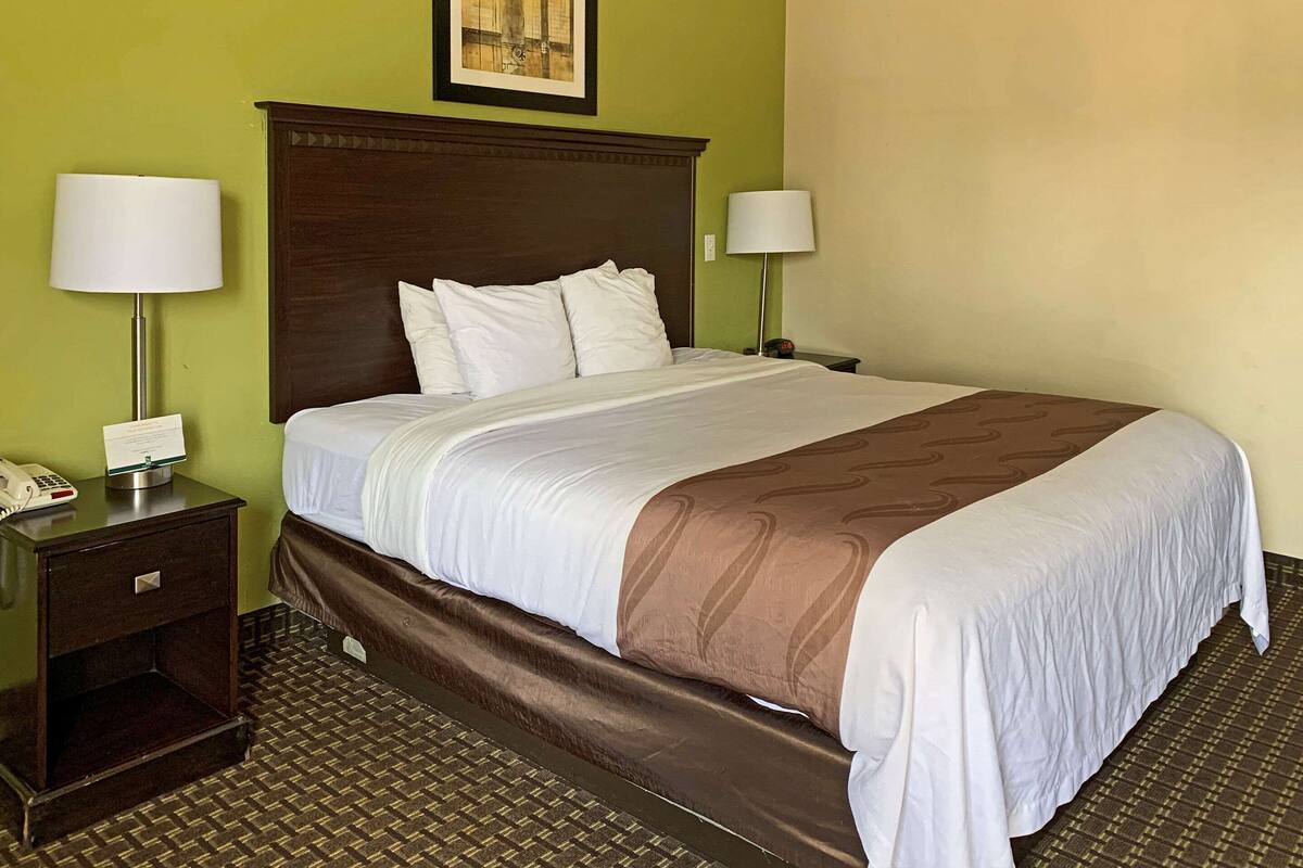 A hotel room with a large bed, two bedside tables, a nightstand, a framed picture on the wall, and a patterned carpet.