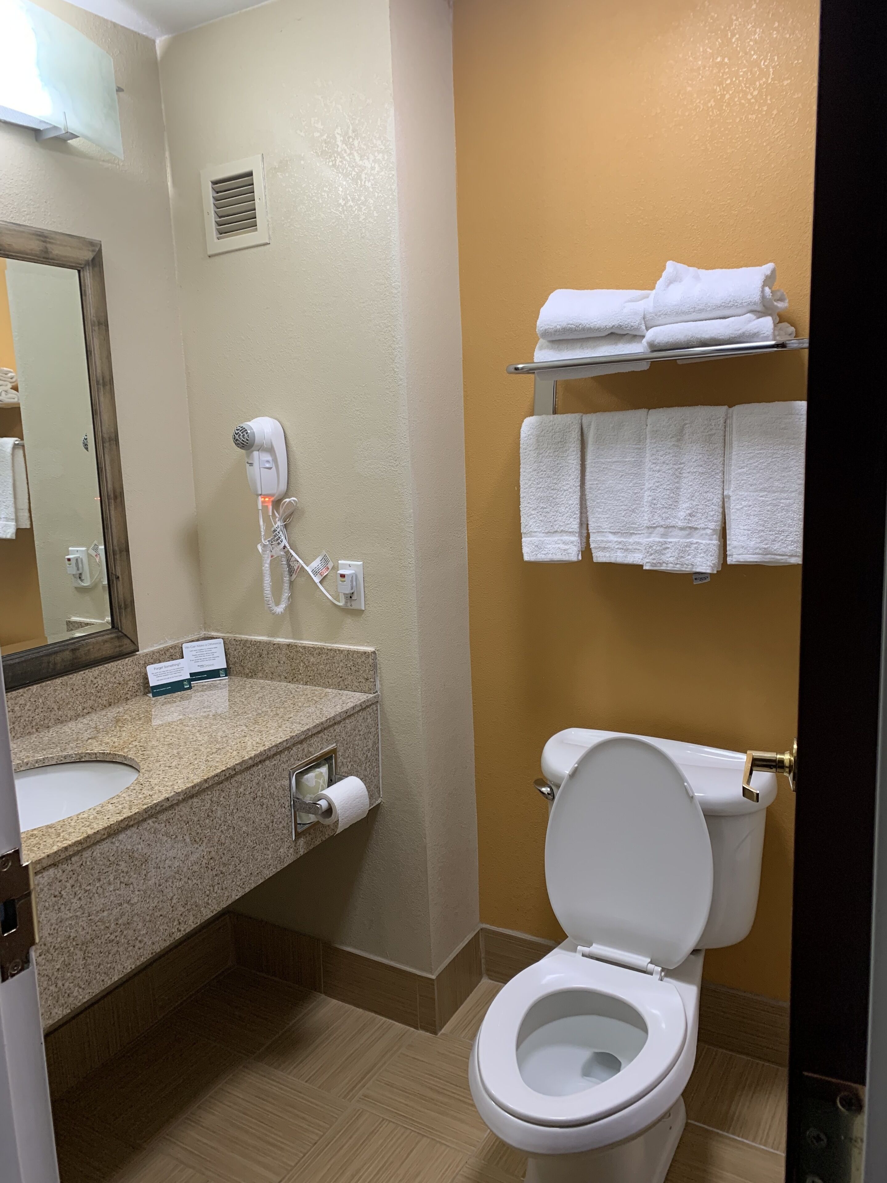 combined shower/bathtub, free toiletries, hair dryer, towels