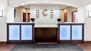 A reception area with a stone wall, two reception desks, and a large circular logo. - Comfort Inn & Suites (Allen Park)