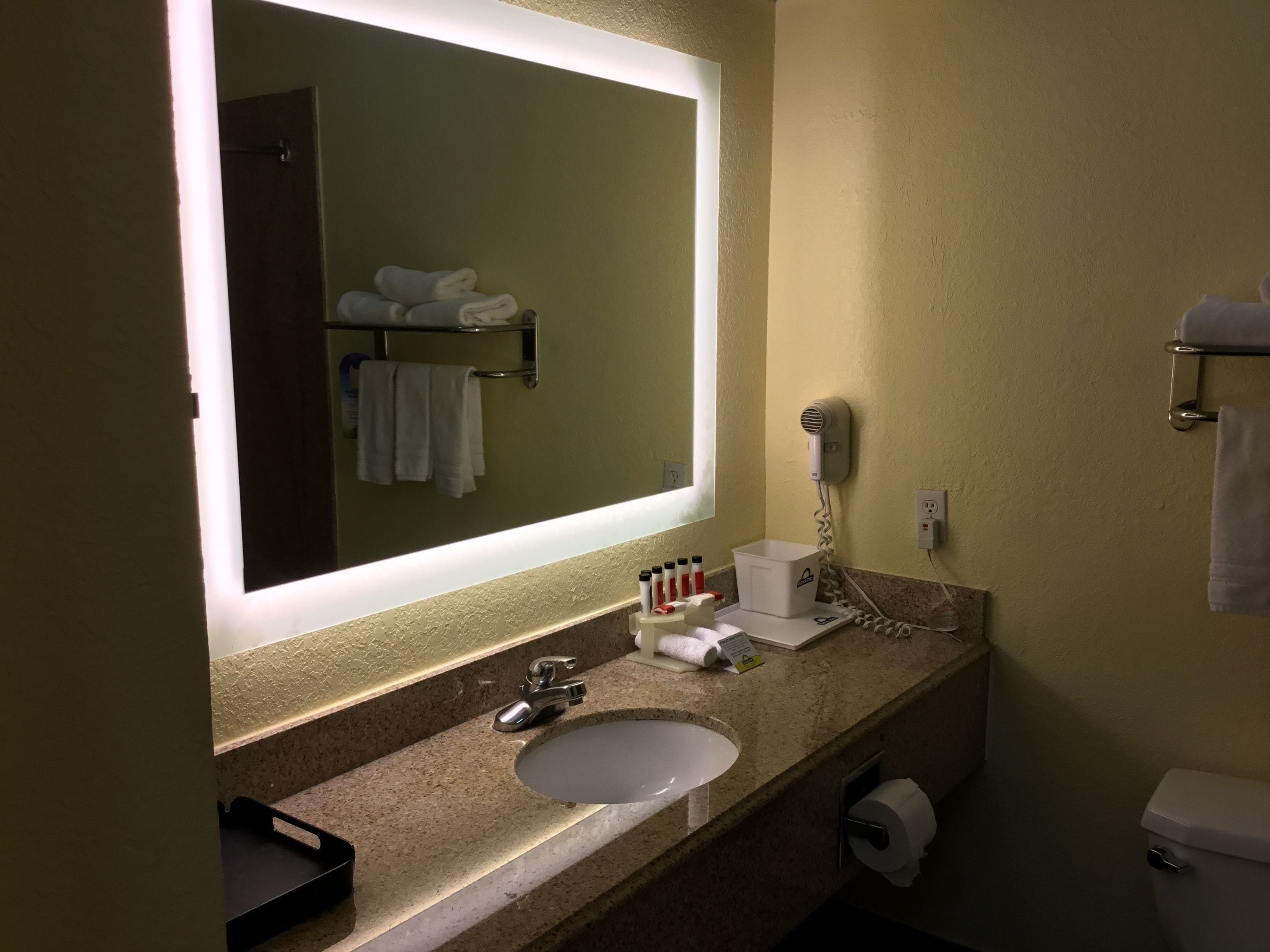 A bathroom with a large mirror, a sink, a hairdryer, and a towel rack.