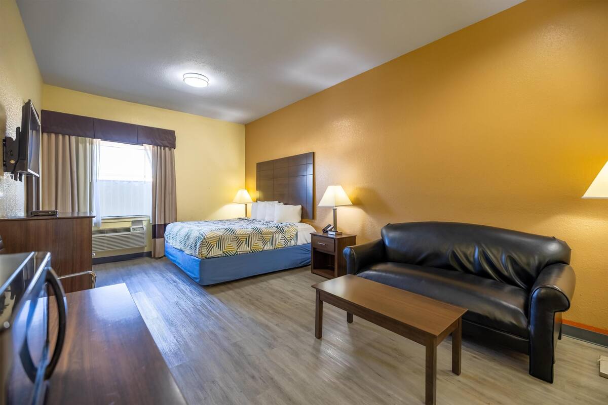 Une chambre d’hôtel avec un lit, un canapé, un bureau et une lampe.