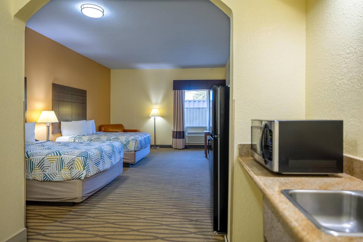 Une chambre d’hôtel avec deux lits, un réfrigérateur, un four à micro-ondes et un évier.