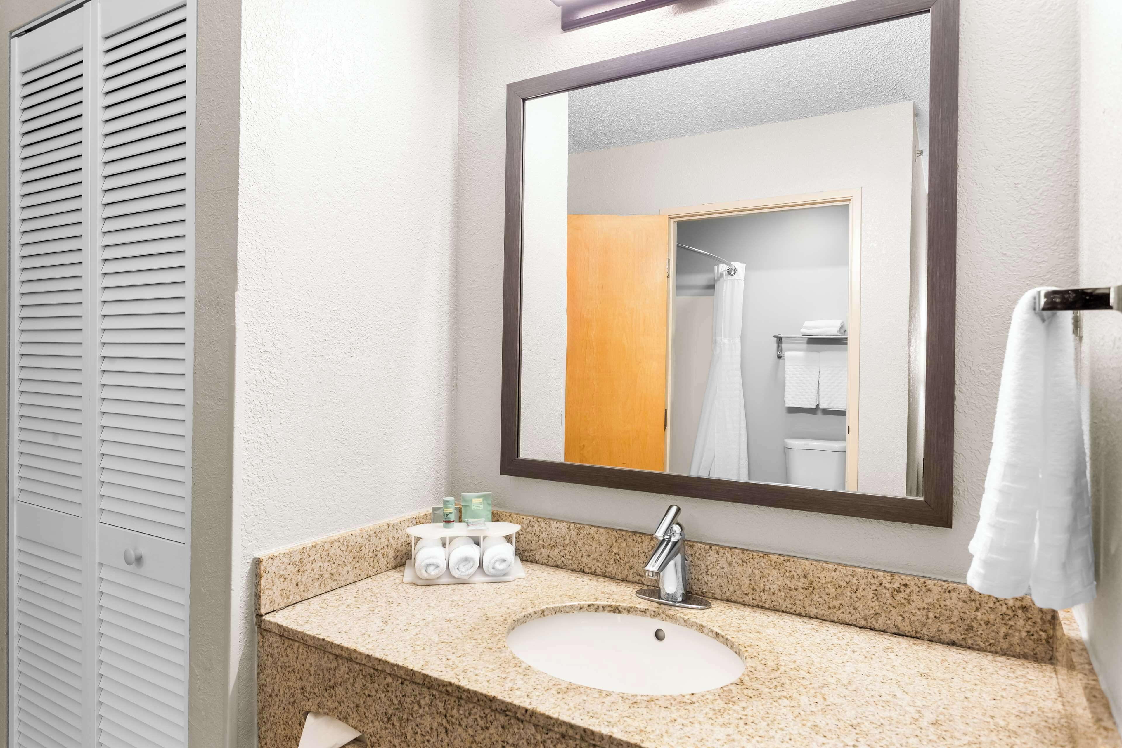 combined shower/bathtub, free toiletries, hair dryer, towels