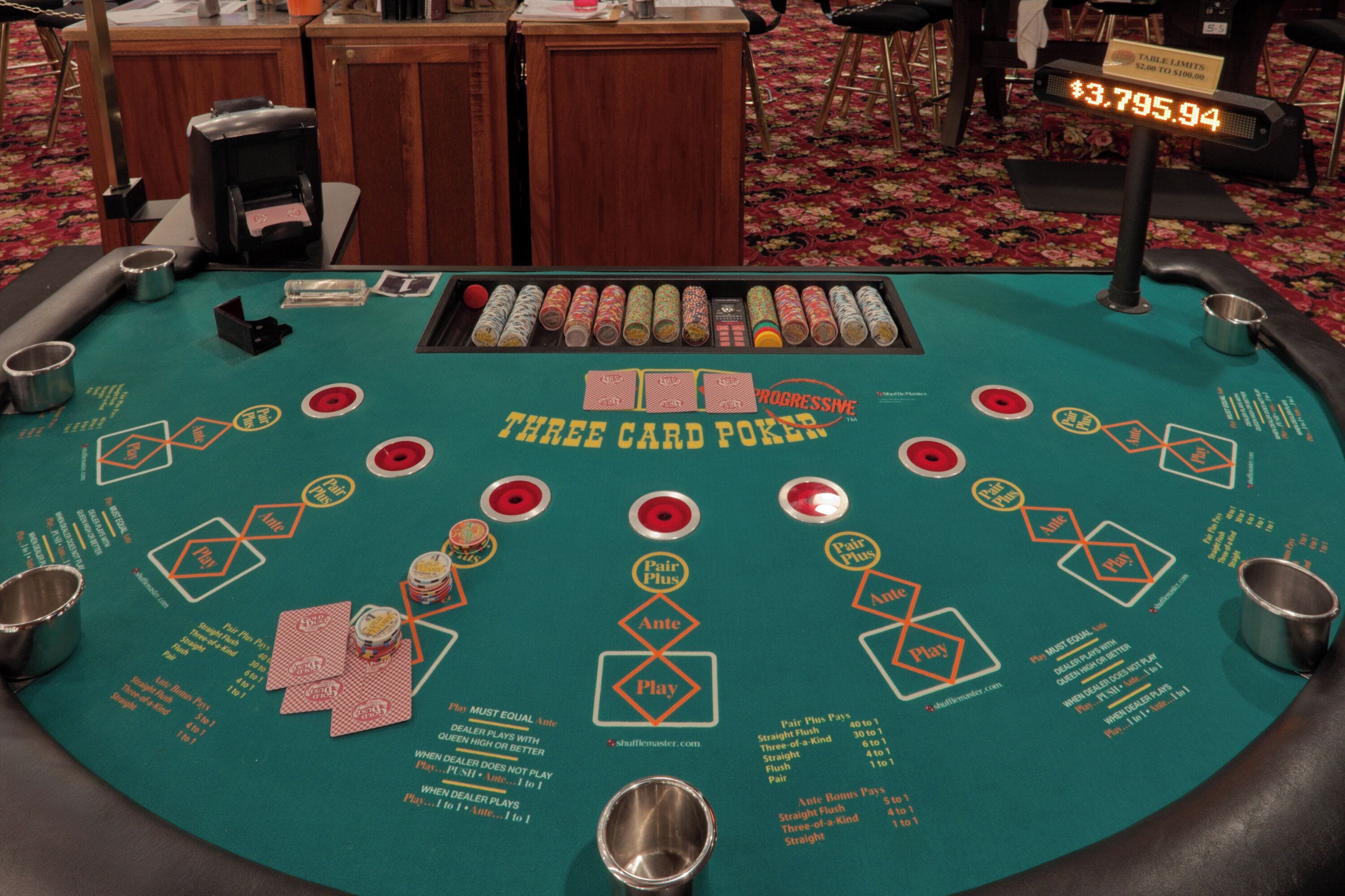 A Three Card Poker table with chips, cards, and a digital display.