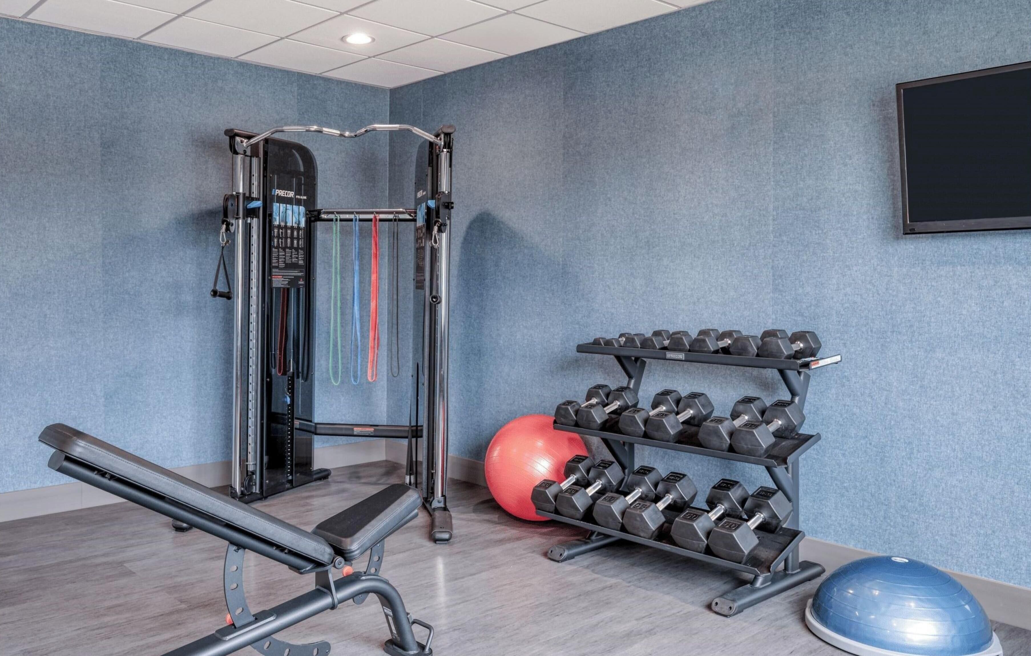 A gym with a bench press, a squat rack, dumbbells, and a medicine ball.