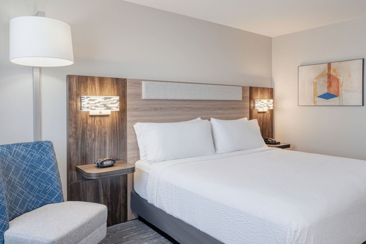 Une chambre d’hôtel avec un grand lit, une table de chevet avec une lampe, une chaise et une œuvre d’art accrochée au mur.
