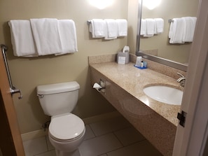 Een badkamer met toilet, wastafel en handdoekrek.