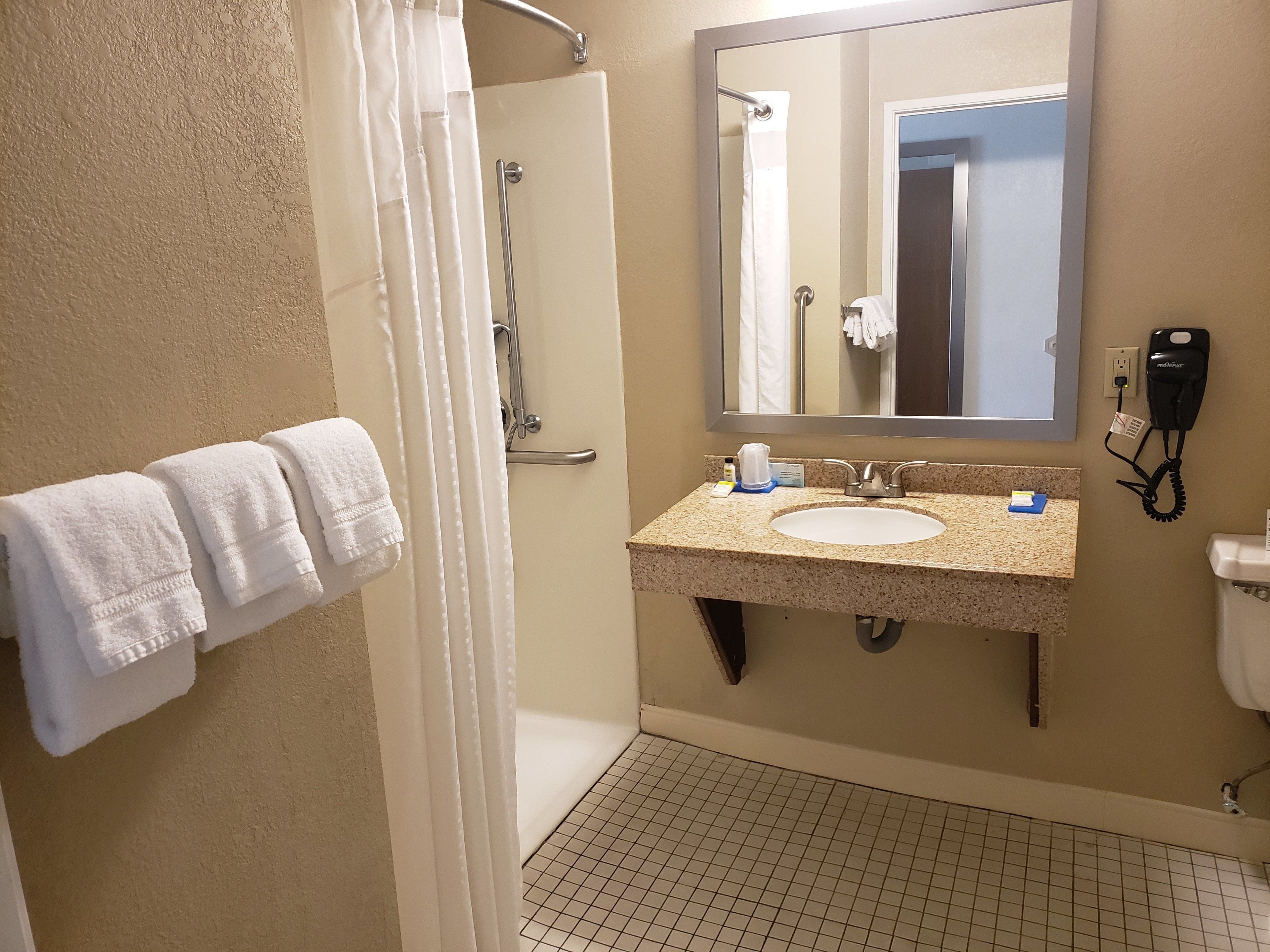 room, 1 queen bed, accessible, non smoking (communications, roll-in shower) | bathroom | combined shower/bathtub, free toiletries, hair dryer, towels