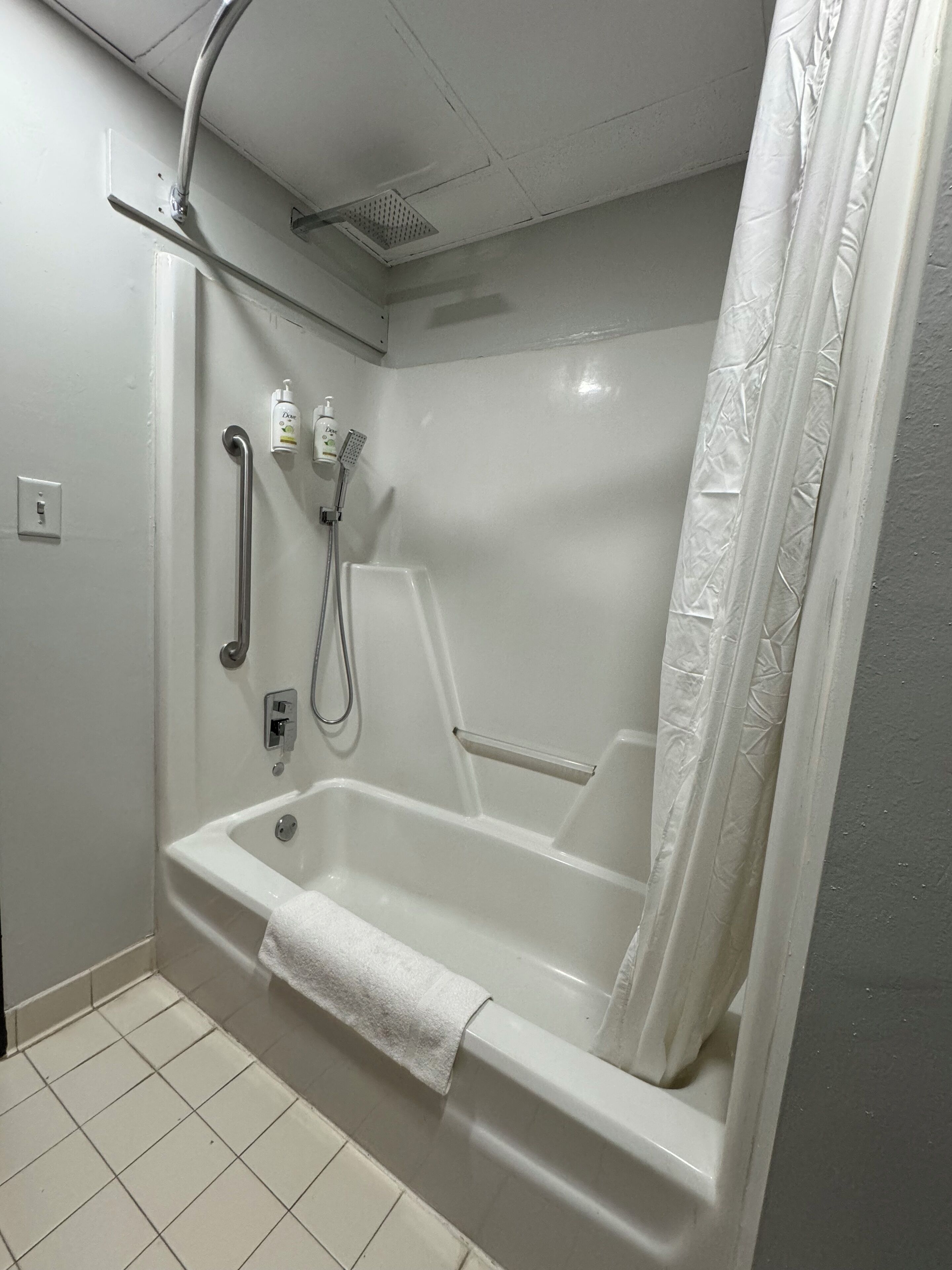 A modern bathroom with a walk-in shower, grab bars, and a handheld showerhead.
