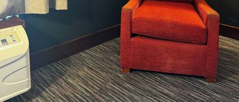 Premium bedding, desk, laptop workspace, blackout curtains