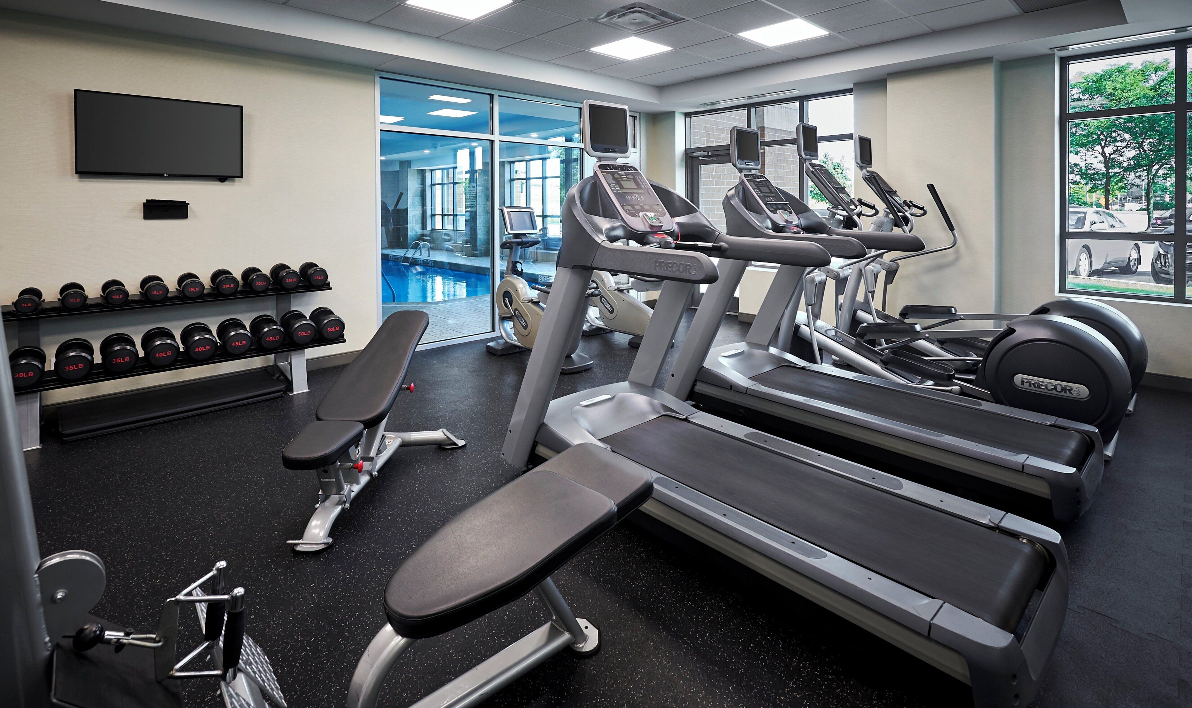 A gym with treadmills, dumbbells, and a bench.