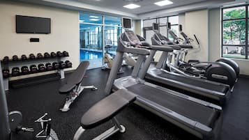 A gym with treadmills, dumbbells, and a bench.
