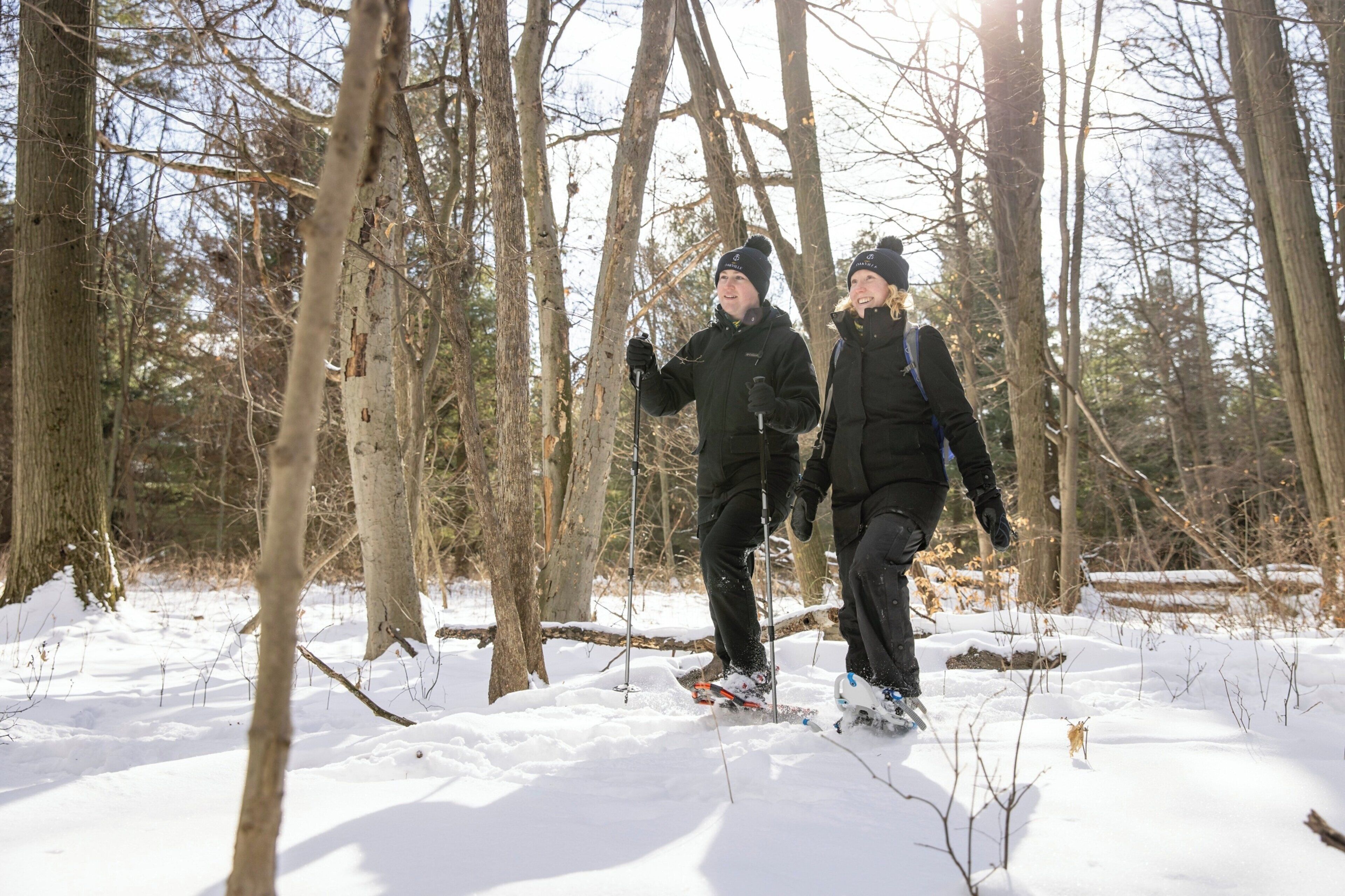 Dos personas caminando con raquetas de nieve en un bosque con árboles desnudos y nieve en el suelo.