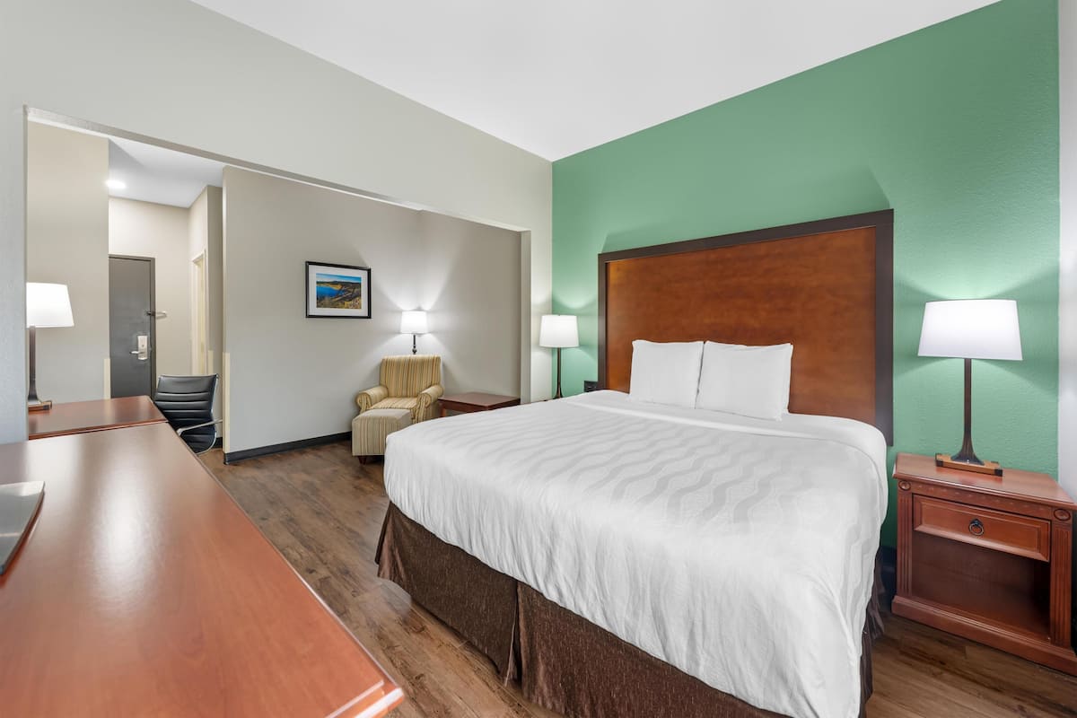 A hotel room with a large bed, a desk, a chair, and a lamp.