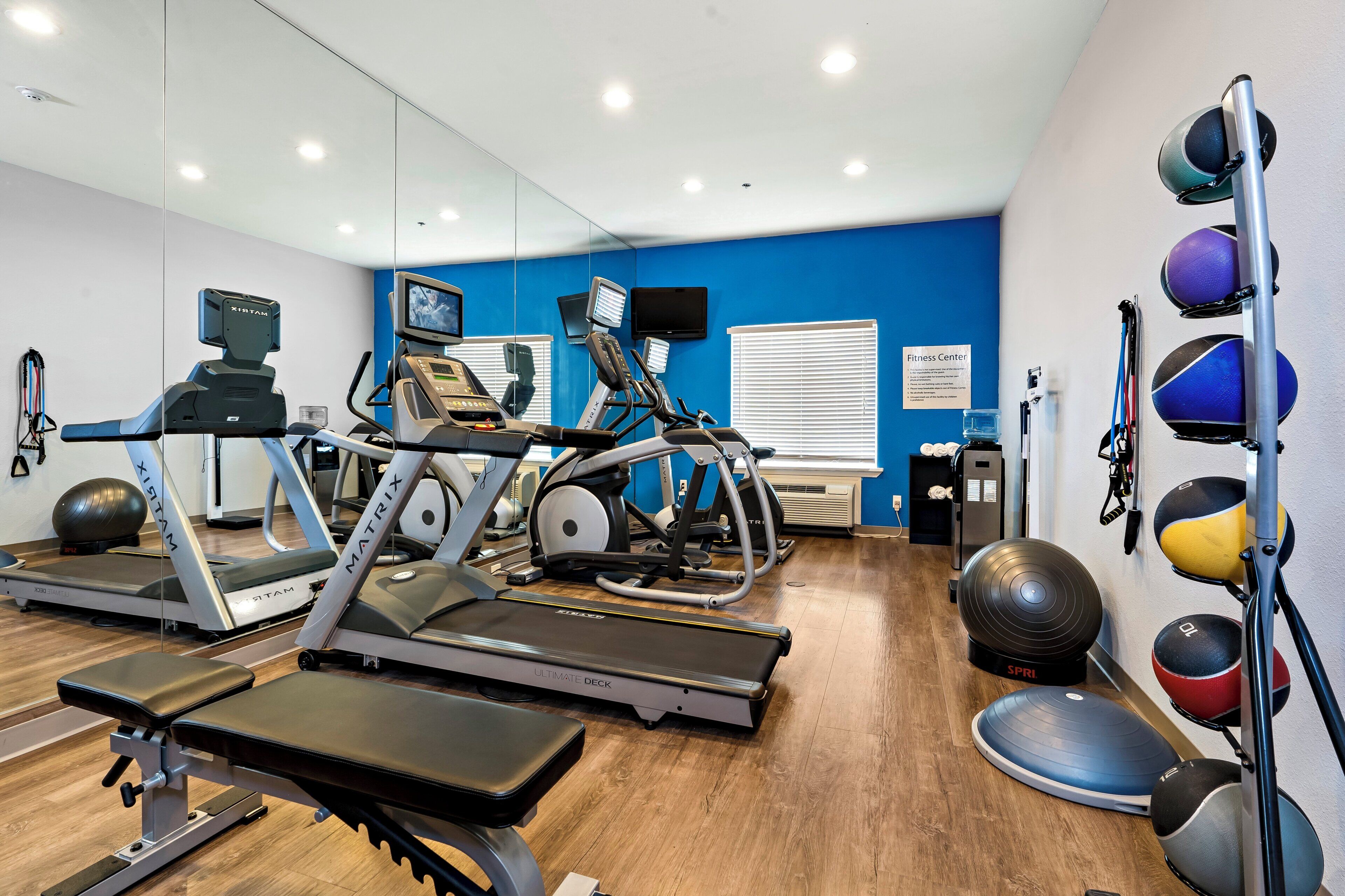 A fitness center with treadmills, elliptical machines, and a variety of exercise balls.