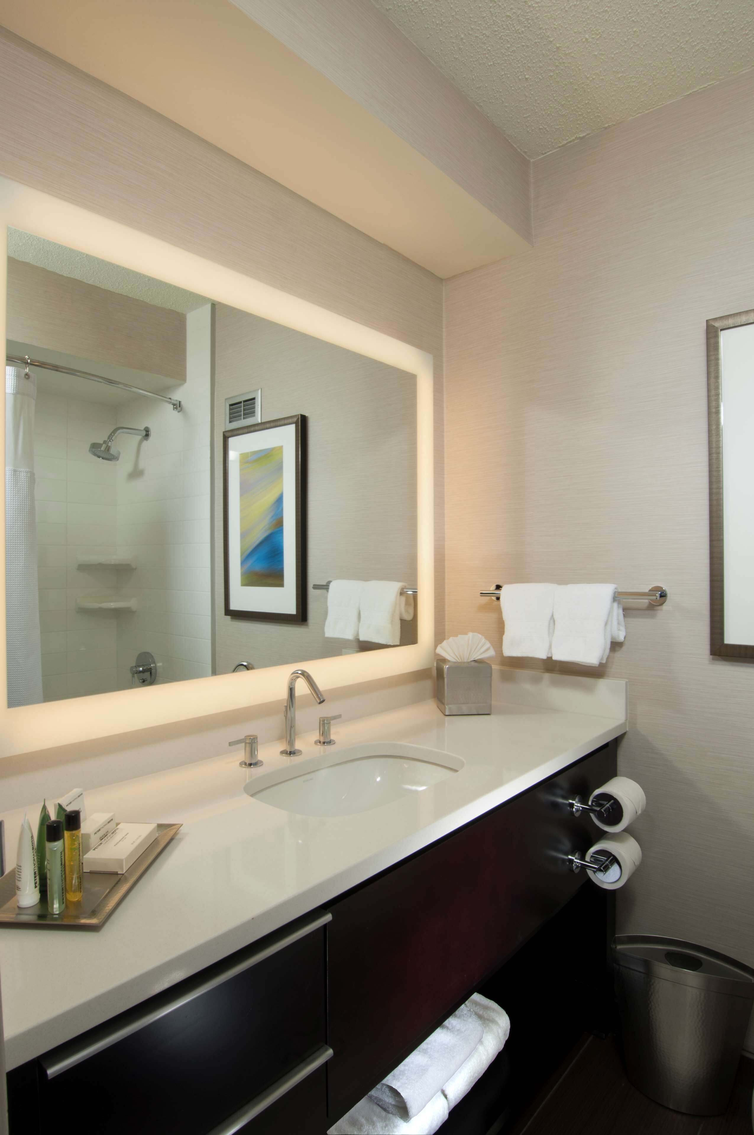 A modern bathroom with a large mirror, a sink, a towel rack, and a trash can.