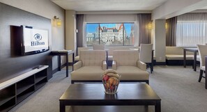 LCD TV, pay movies, MP3 dock