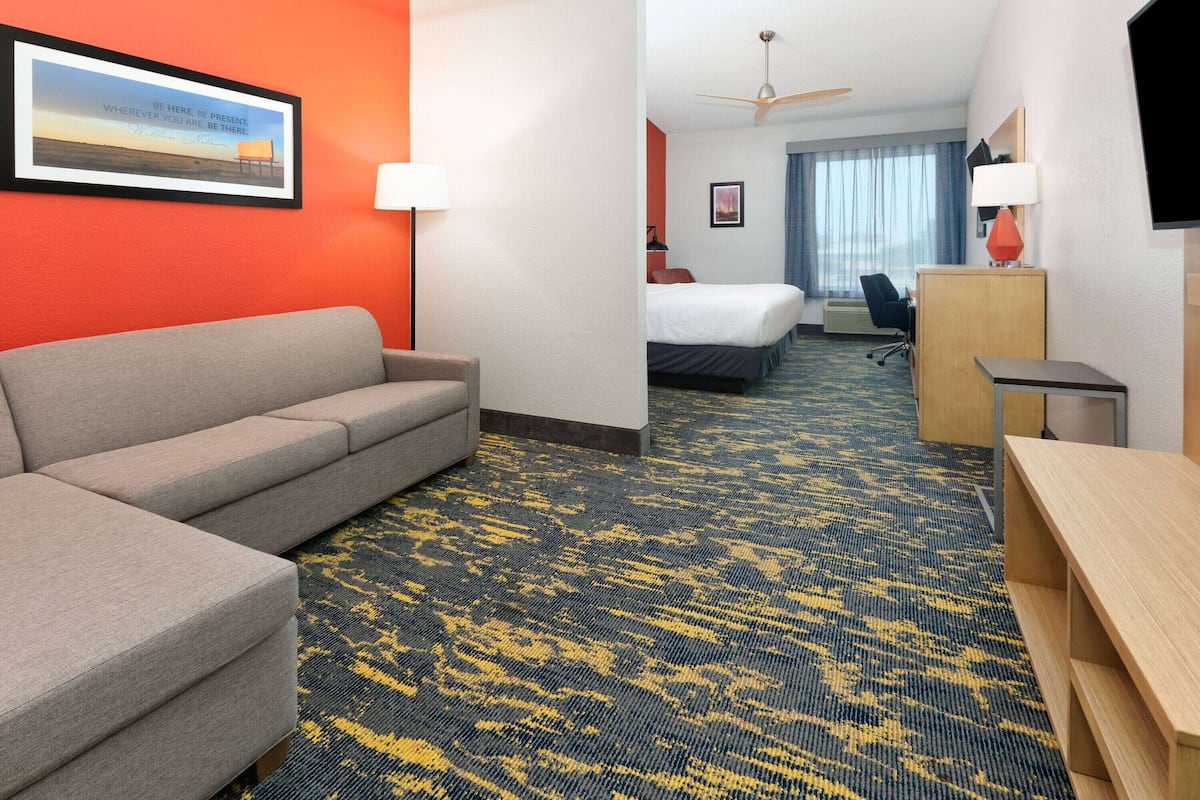 A hotel room with a sofa, a bed, a desk, and a carpeted floor.