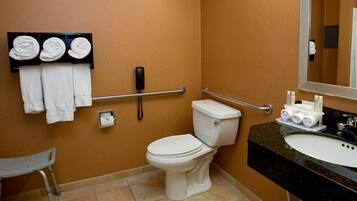 A bathroom with a toilet, handrails, a sink, and a mirror.